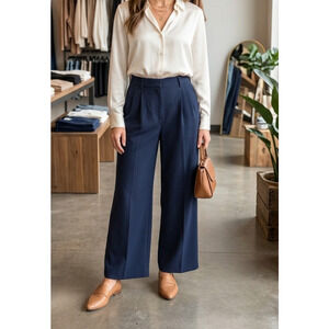 Abercrombie & Fitch Navy Blue High Rise Pleated Wide Leg Trousers Size XL